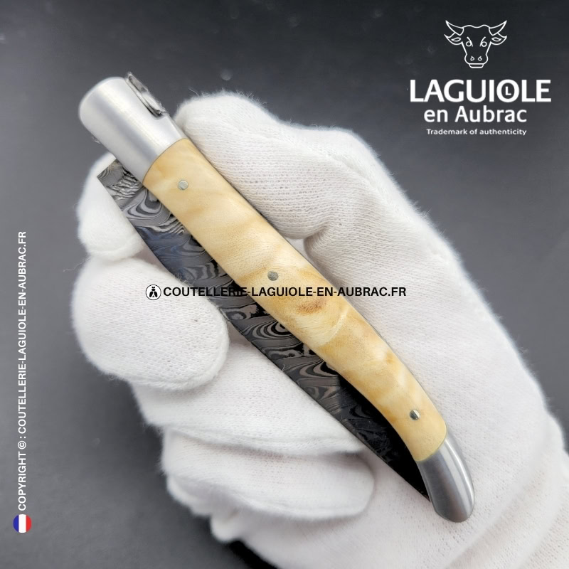 peuplier des deux rives : couteau laguiole en fourche de peuplier – lame damas – abeille 3d