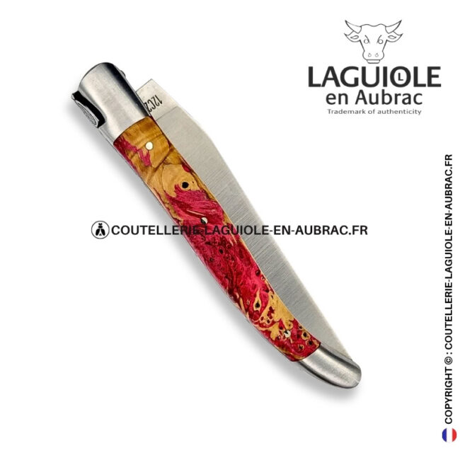 pivoine sauvage : couteau laguiole en loupe de marronnier rose – abeille finement sculptée – ressort ciselé