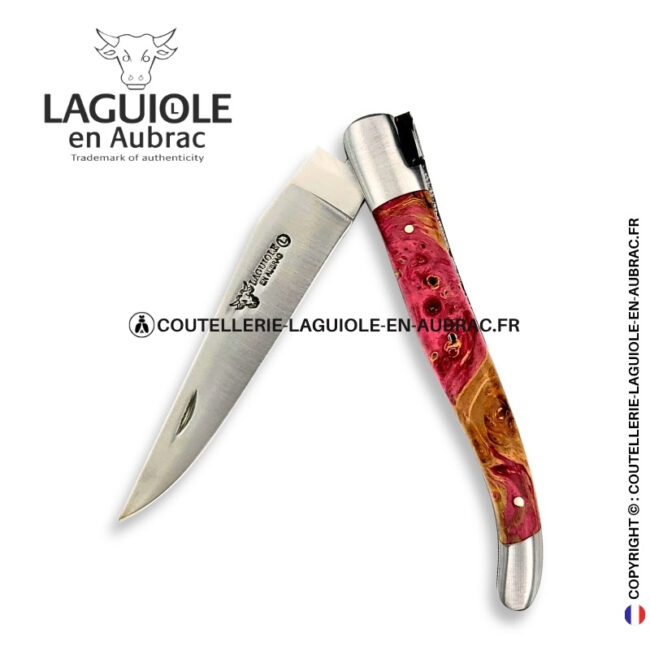 pivoine sauvage : couteau laguiole en loupe de marronnier rose – abeille finement sculptée – ressort ciselé