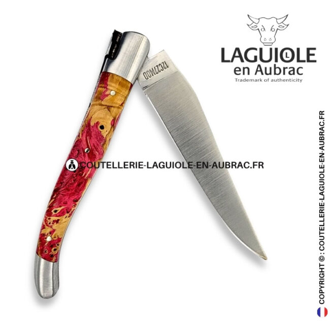 pivoine sauvage : couteau laguiole en loupe de marronnier rose – abeille finement sculptée – ressort ciselé