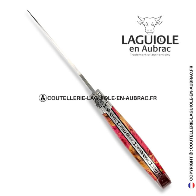 pivoine sauvage : couteau laguiole en loupe de marronnier rose – abeille finement sculptée – ressort ciselé