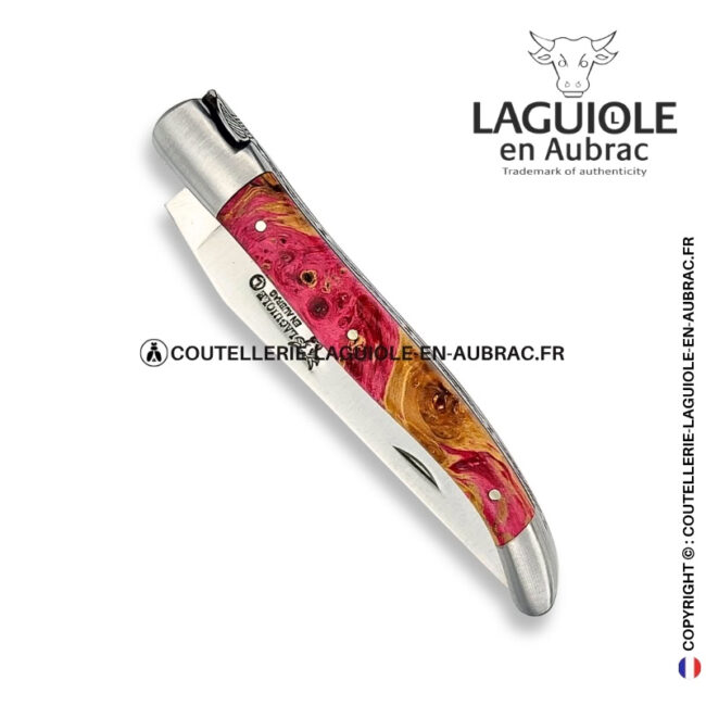 pivoine sauvage : couteau laguiole en loupe de marronnier rose – abeille finement sculptée – ressort ciselé