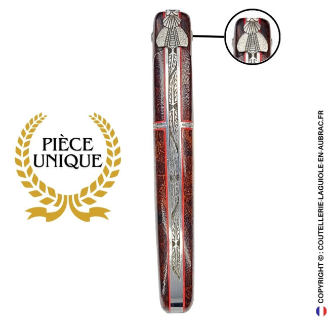 plume de braise : couteau laguiole en loupe de bois de fer – abeille sculptée – ressort ciselé et liseré perlé