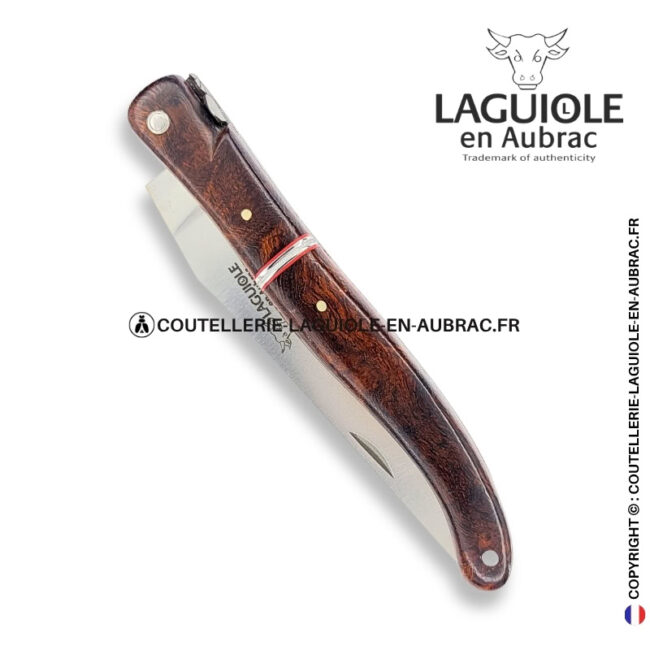 plume de braise : couteau laguiole en loupe de bois de fer – abeille sculptée – ressort ciselé et liseré perlé