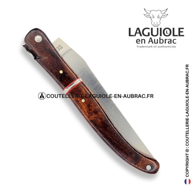 plume de braise : couteau laguiole en loupe de bois de fer – abeille sculptée – ressort ciselé et liseré perlé