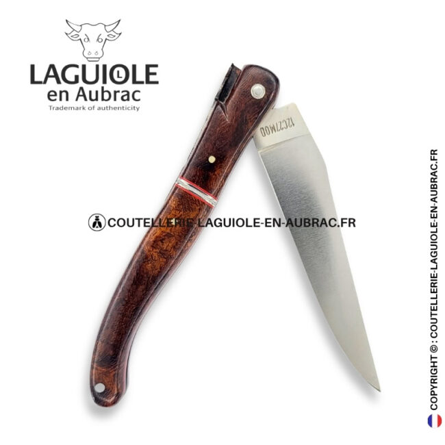plume de braise : couteau laguiole en loupe de bois de fer – abeille sculptée – ressort ciselé et liseré perlé