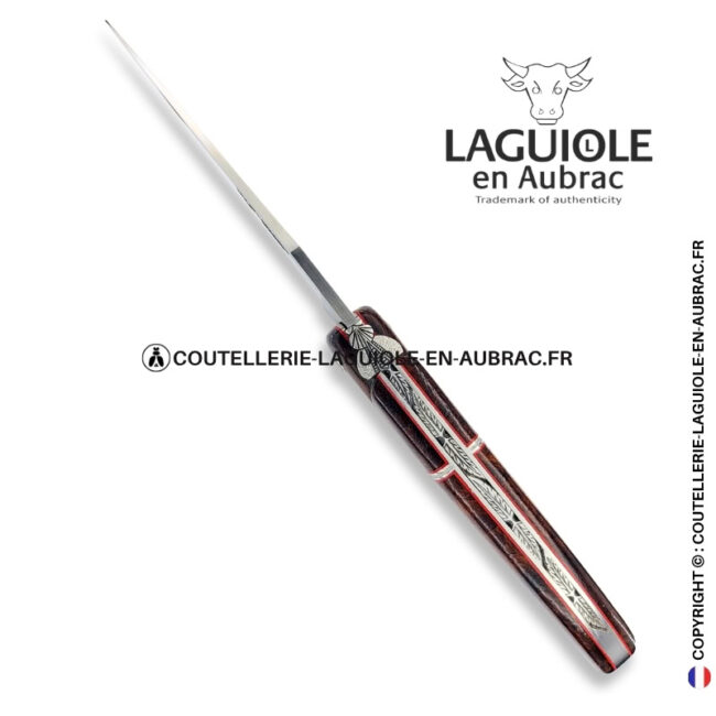 plume de braise : couteau laguiole en loupe de bois de fer – abeille sculptée – ressort ciselé et liseré perlé