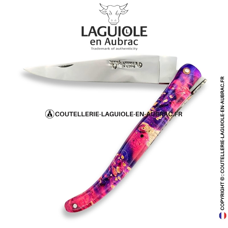 reliquaire d'aurore : couteau laguiole plein manche en loupe de sureau rose – abeille sculptée – platines cuivre et pierres sertie