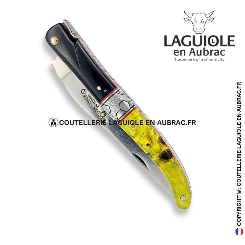 ruche du sous bois : couteau laguiole en Ébène et loupe de peuplier stabilisée – abeille sculptée – ressort et mitre centrale ciselés