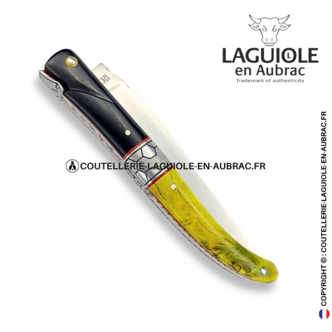 ruche du sous bois : couteau laguiole en Ébène et loupe de peuplier stabilisée – abeille sculptée – ressort et mitre centrale ciselés
