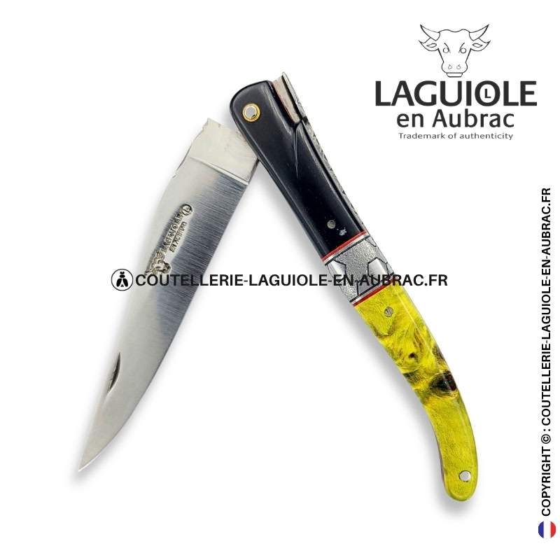 ruche du sous bois : couteau laguiole en Ébène et loupe de peuplier stabilisée – abeille sculptée – ressort et mitre centrale ciselés