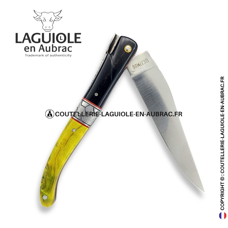 ruche du sous bois : couteau laguiole en Ébène et loupe de peuplier stabilisée – abeille sculptée – ressort et mitre centrale ciselés