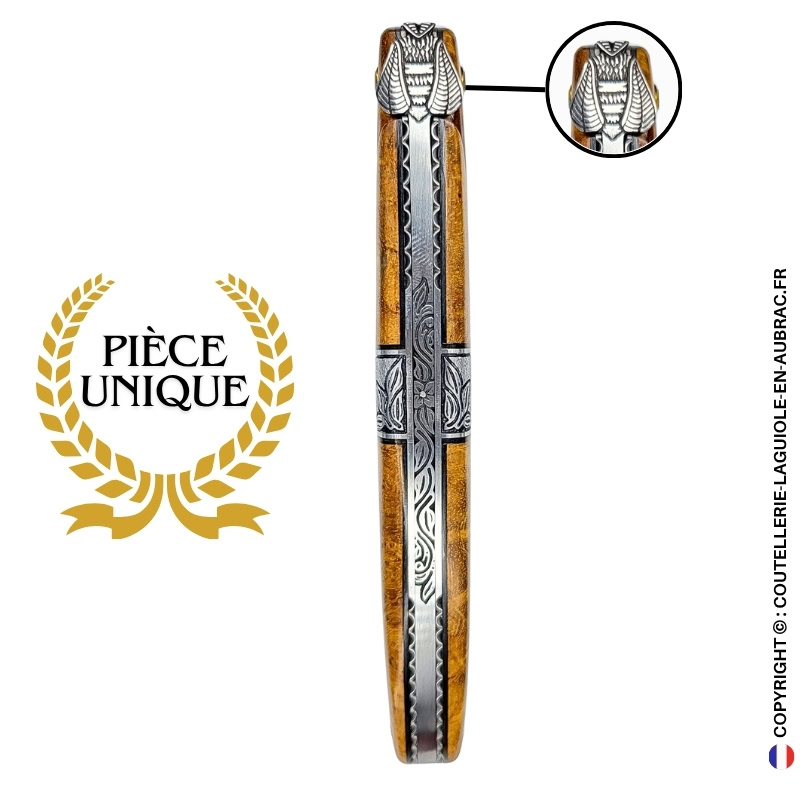 songe de noyer d'automne : couteau laguiole en loupe de noyer – abeille sculptée – ressort et mitre centrale ciselés