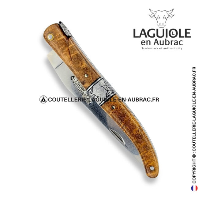 songe de noyer d'automne : couteau laguiole en loupe de noyer – abeille sculptée – ressort et mitre centrale ciselés