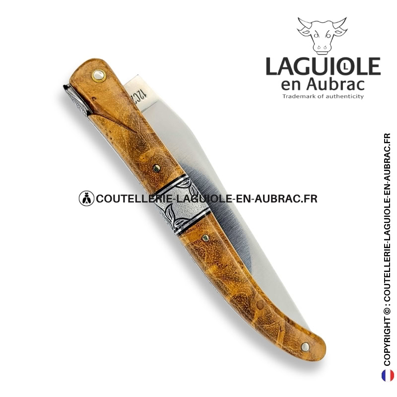 songe de noyer d'automne : couteau laguiole en loupe de noyer – abeille sculptée – ressort et mitre centrale ciselés
