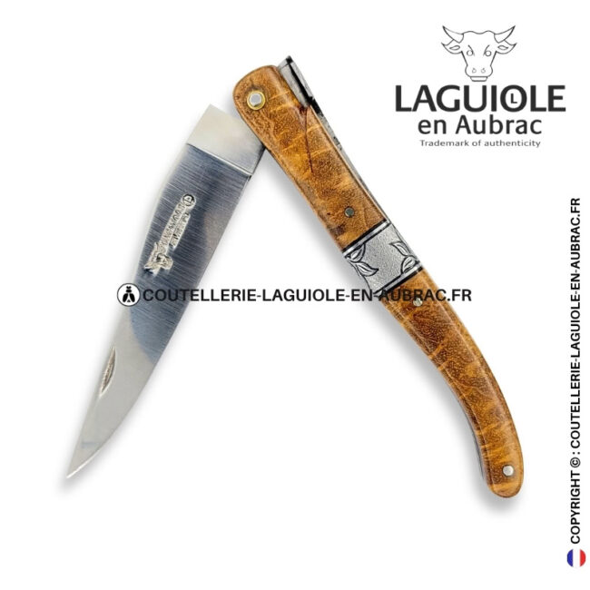 songe de noyer d'automne : couteau laguiole en loupe de noyer – abeille sculptée – ressort et mitre centrale ciselés