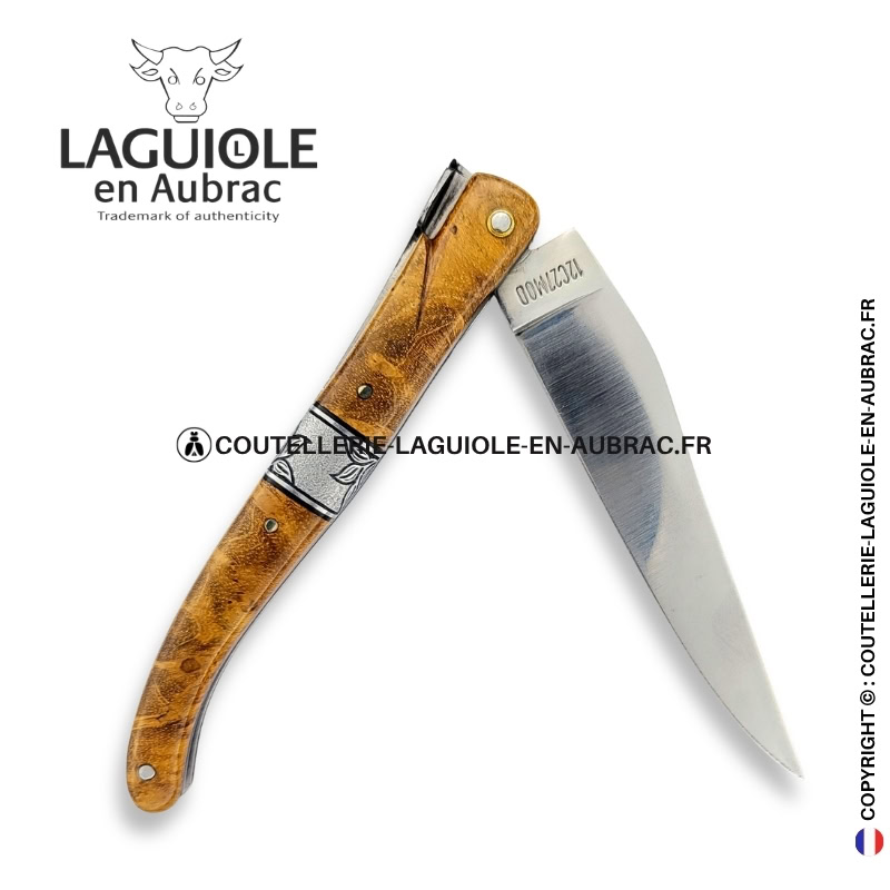 songe de noyer d'automne : couteau laguiole en loupe de noyer – abeille sculptée – ressort et mitre centrale ciselés