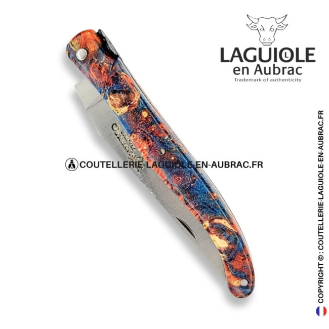 souffle de salamandre : couteau laguiole plein manche en loupe de sureau – abeille sculptée – ressort ciselé et platines guillochées