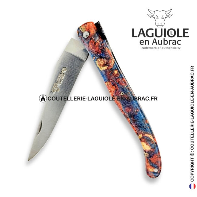 souffle de salamandre : couteau laguiole plein manche en loupe de sureau – abeille sculptée – ressort ciselé et platines guillochées