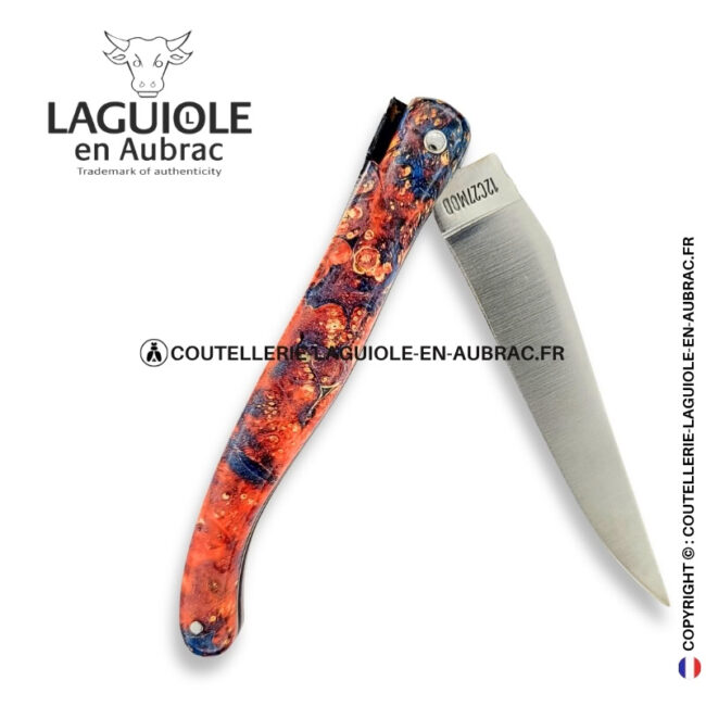 souffle de salamandre : couteau laguiole plein manche en loupe de sureau – abeille sculptée – ressort ciselé et platines guillochées