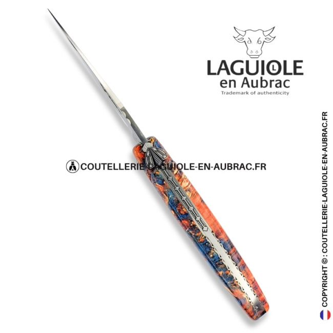 souffle de salamandre : couteau laguiole plein manche en loupe de sureau – abeille sculptée – ressort ciselé et platines guillochées