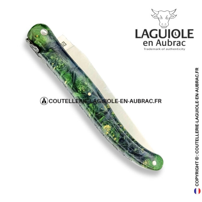 vert d'ondine : couteau laguiole plein manche en loupe de sureau verte – abeille sculptée – ressort ciselé