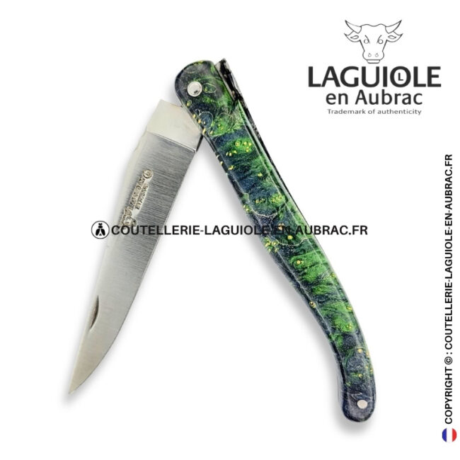 vert d'ondine : couteau laguiole plein manche en loupe de sureau verte – abeille sculptée – ressort ciselé