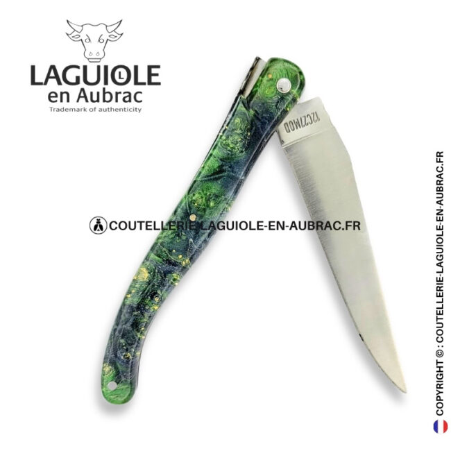 vert d'ondine : couteau laguiole plein manche en loupe de sureau verte – abeille sculptée – ressort ciselé