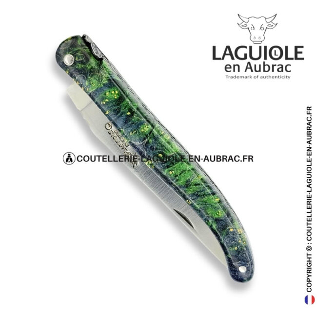vert d'ondine : couteau laguiole plein manche en loupe de sureau verte – abeille sculptée – ressort ciselé