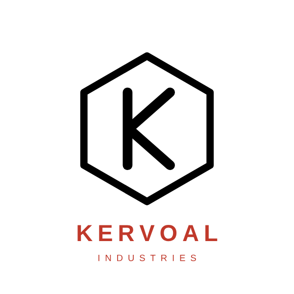 Logo fictif Kervoal Industries : lettre K dans un hexagone, nom en dessous